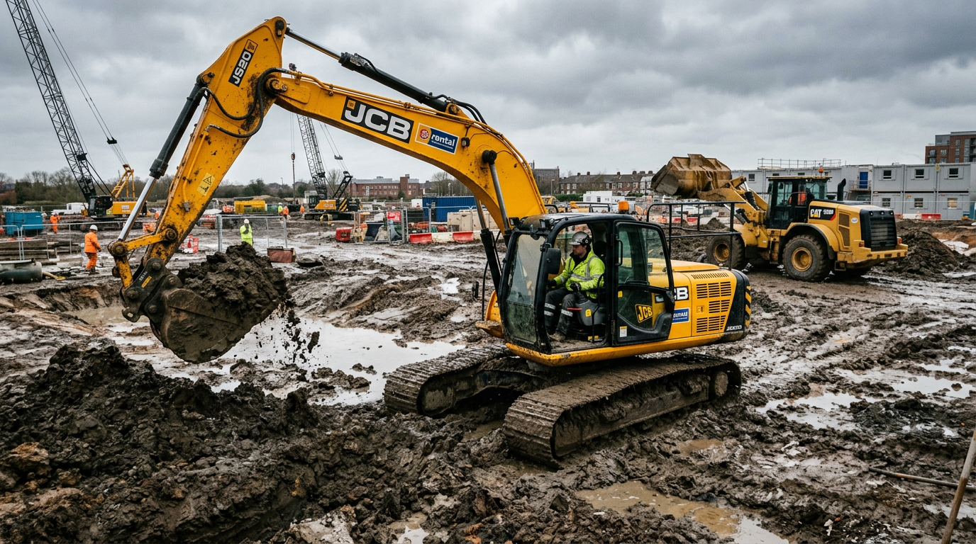 A tracked excavator digging on a muddy construction site