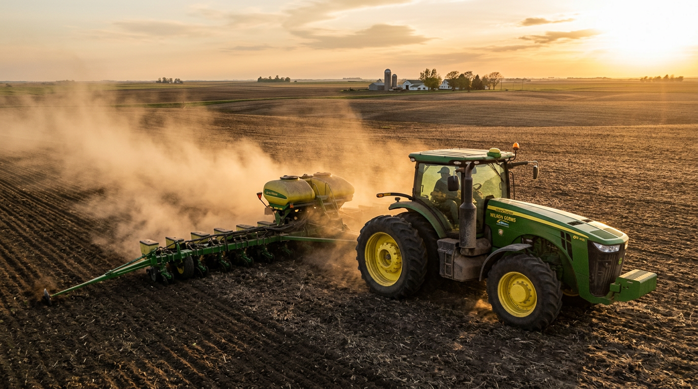 A modern row-crop tractor pulling a planter across a field at golden hour